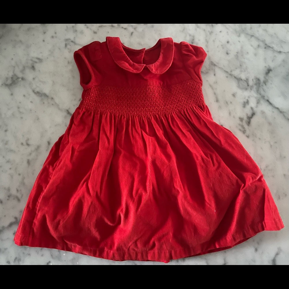 Red M&S holiday corduroy smocked dress  6-9 months